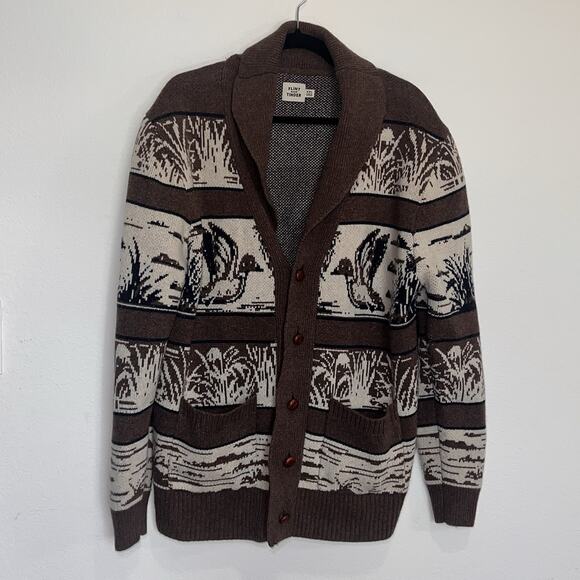 Flint and Tinder Duck Paradise Cardigan Size XXL Brown Jacquard Wool-Blend Shawl - Picture 3 of 14